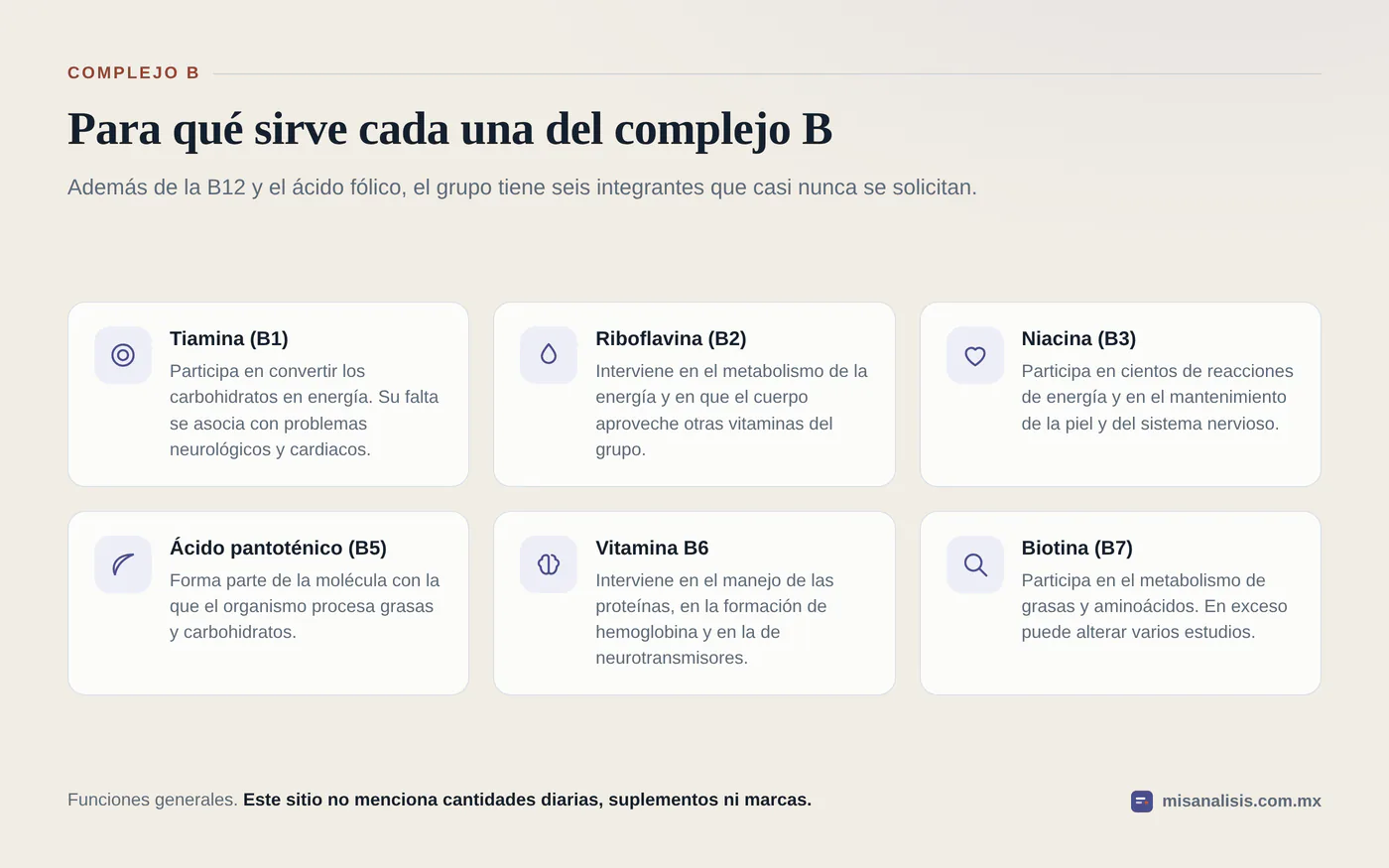 Seis vitaminas del complejo B con su función: tiamina B1, riboflavina B2, niacina B3, ácido pantoténico B5, vitamina B6 y biotina B7.