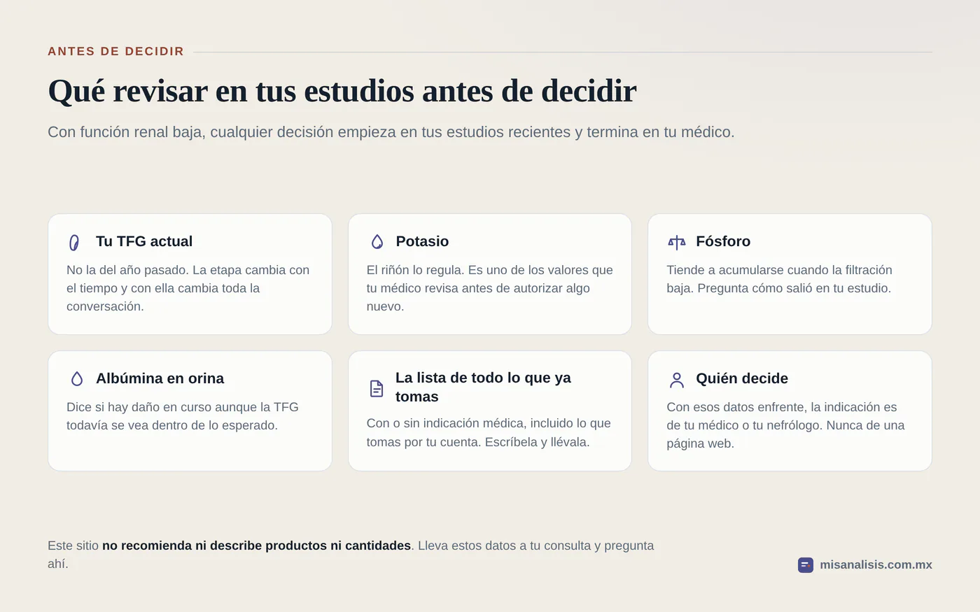 Seis puntos para llevar a la consulta cuando hay enfermedad renal: TFG actual, potasio, fósforo, albúmina en orina, la lista completa de lo que ya se toma y quién decide.